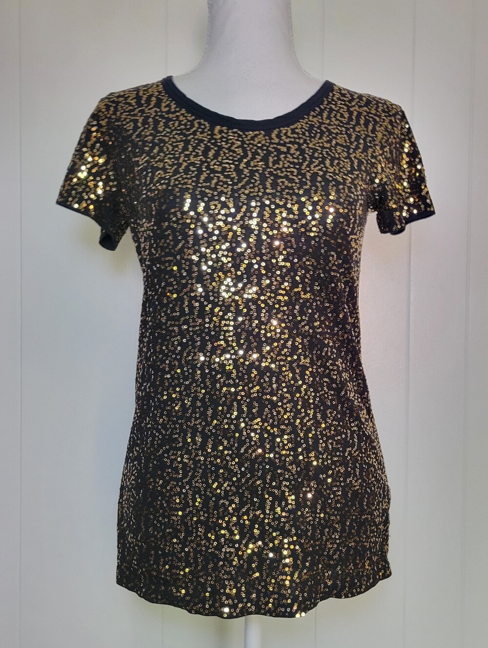 DKNY Gold Sequin Short Sleeve Top Black Cotton Party Glam Bling Sparkly SM